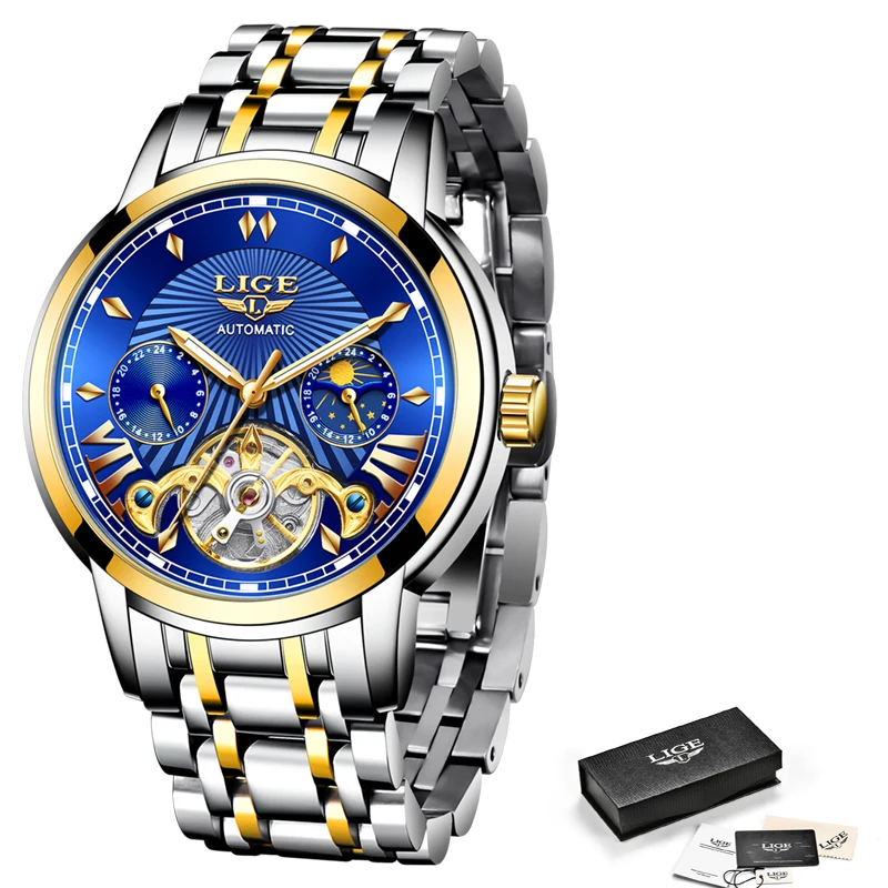 

LIGE Waterproof Sport Clock Mens Watches Top Brand Luxury Watch For Men Classic Tourbillon Automatic Mechanical Wristwatches+Box