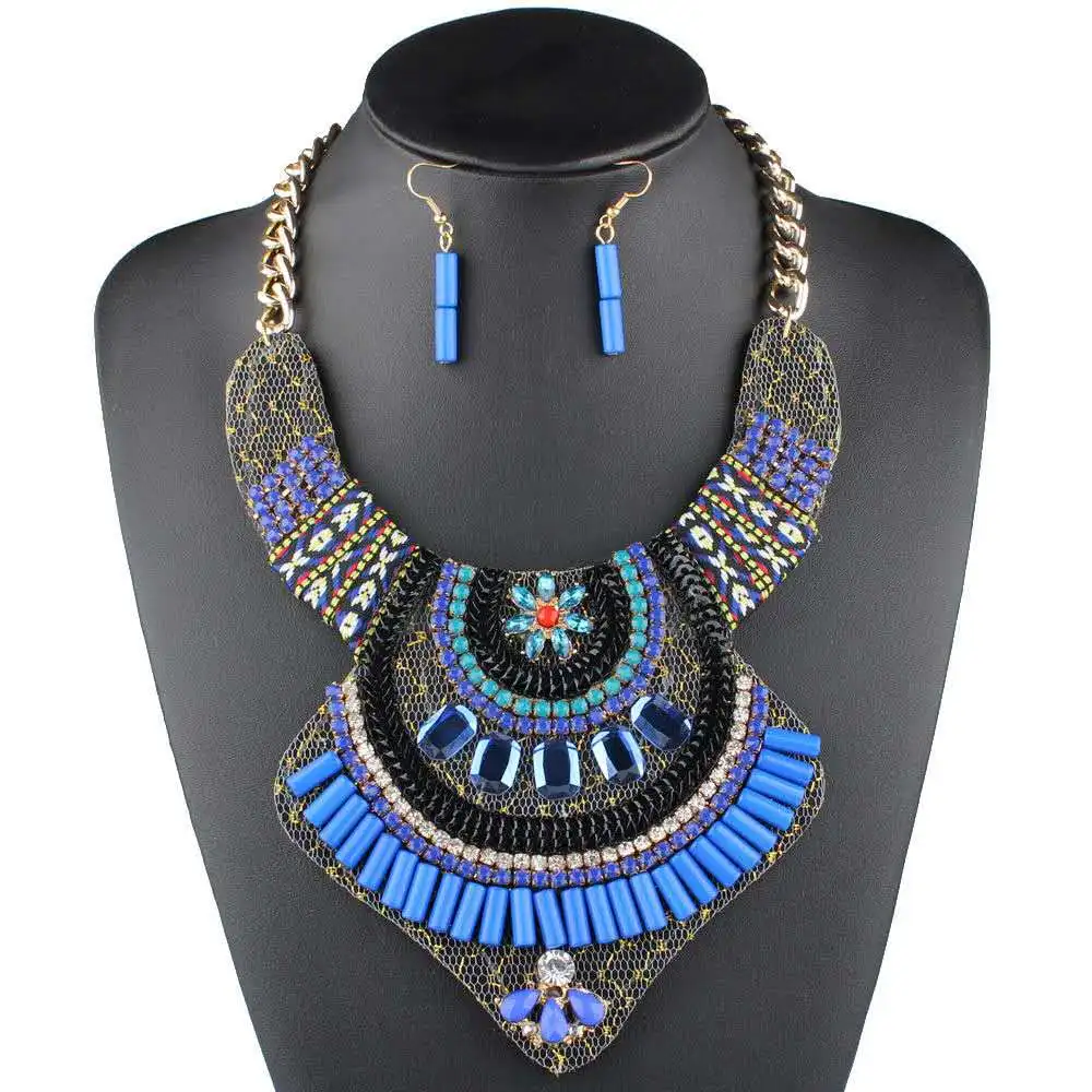 

Bohemian Women Multiple Layers Beads Boho Jewelry Fashion Ethnic Multi Layer Handmade Colorful Cuban Link Necklace with Earing
