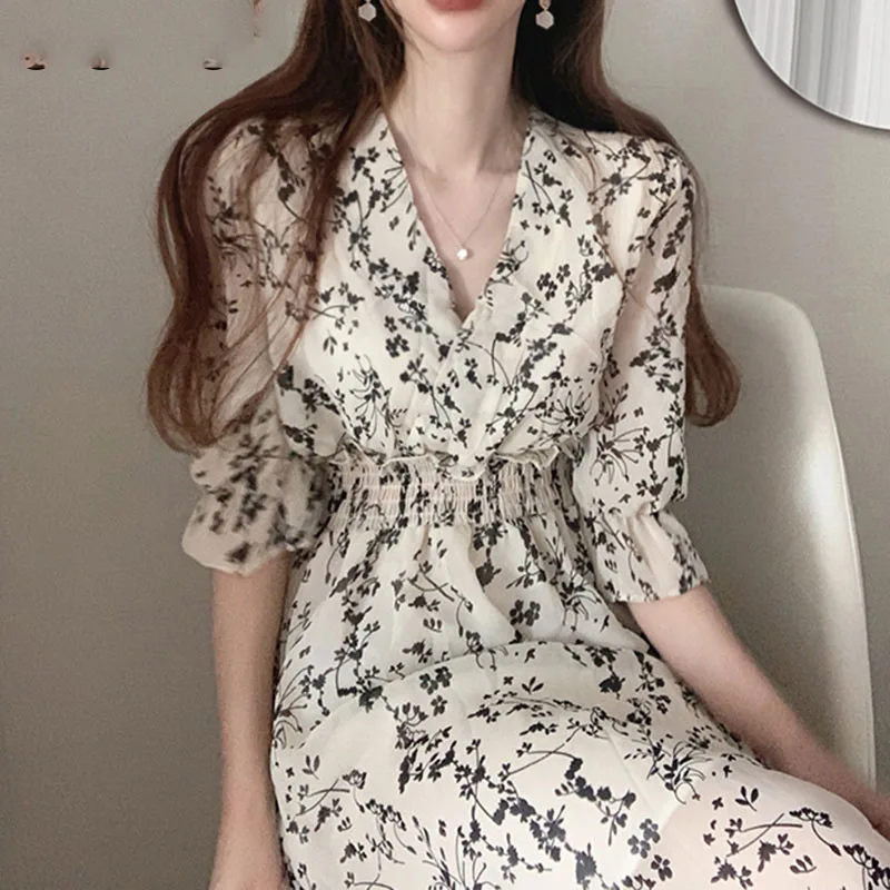 

Женское шифоновое платье с V-образным вырезом, элегантное цельное длинное приталенное платье в стиле ретро с цветочным принтом и деревянным...