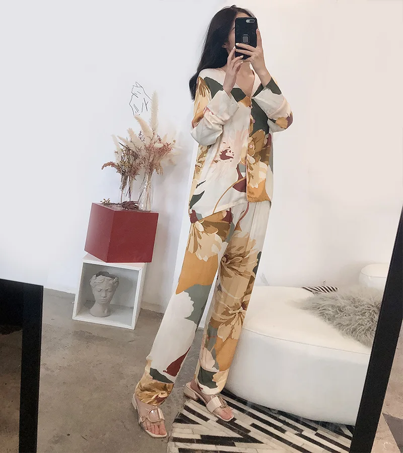 Autumn Ink Printing V-neck Long-sleeved and Long Trousers Suit Sleepwear for Ladies Large Size Cardigan Home Two-piece Clothes