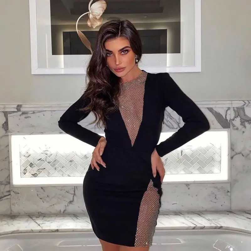 

KLEEZY 2021 Bandage Mesh Deep V Neck Long Sleeve Mini Dress Bodycon Hollow Out Diamonds Streetwear Summer Women Dresses Clothes