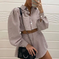 pink y2k casual plaid lounge wear women tracksuit shorts set long puff sleeve shirt tops and mini shorts two piece set