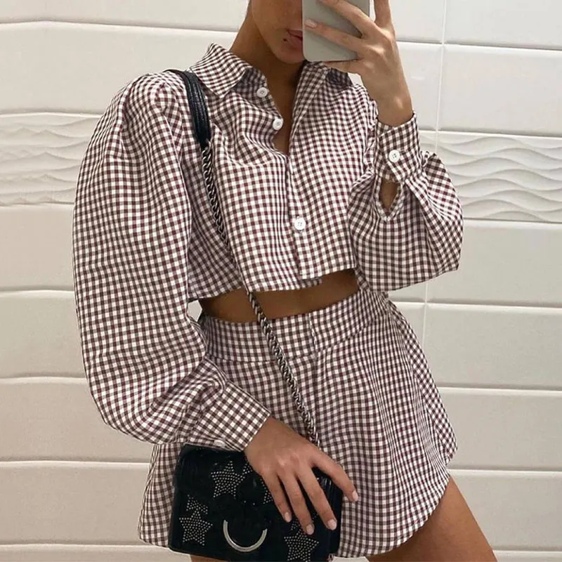 Pink Y2K Casual Plaid Lounge Wear Women Tracksuit Shorts Set Long Puff Sleeve Shirt Tops And Mini Two Piece |