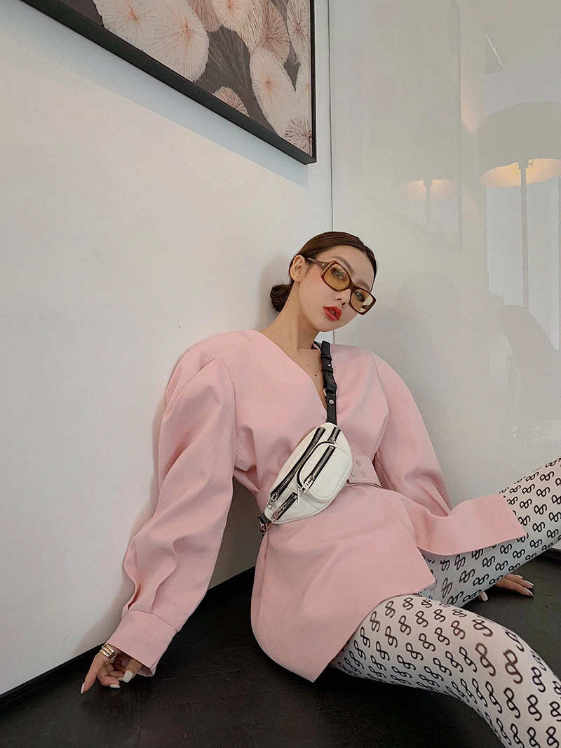 Sakura Pink DEAT, английский стиль, модный однотонный Повседневный свободный Женский блейзер на одной пуговице с v-образным вырезом и длинным рукавом, новинка, осенние женские костюмы TD321 - Цвет: Sakura Pink