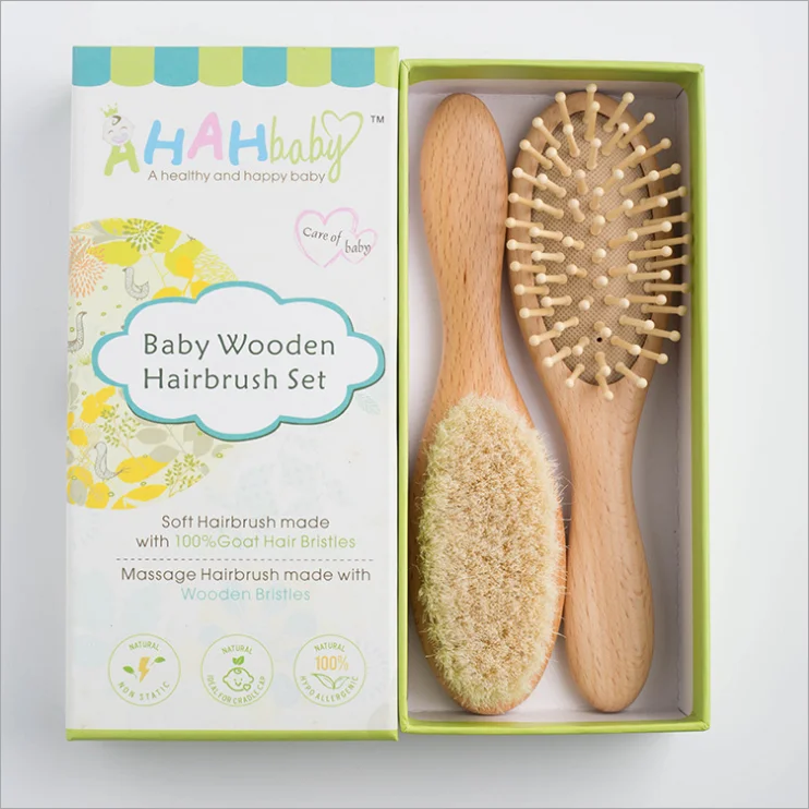 

Hot Sales 2pcs/ Set Natural Beech Wooden Baby Hair Brush Comb Kids Care Massage comb Scalp Brush Beauty Tools with Color Box