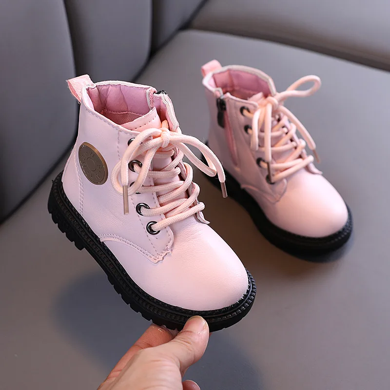 2020 Autumn/Winter Children Boots Boys Girls Leather Martin Boots Plush Fashion Waterproof Non-slip Warm Kids Boots Shoes 21-30