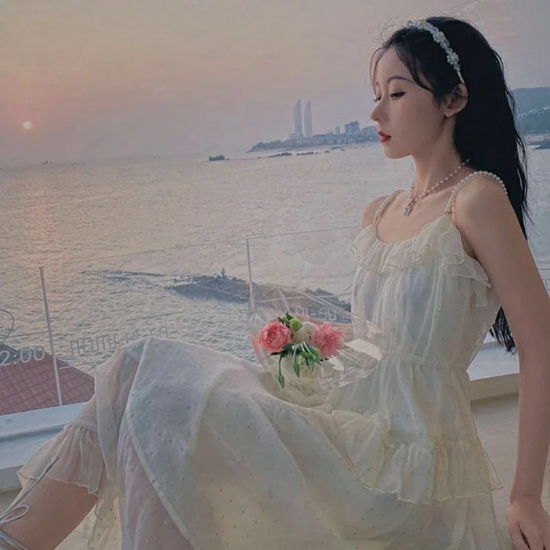 

Summer Elegant Strap Fairy Dress Female Casual Puff Sleeve Beach Dress 2021 Women Vintage Princess Korean High Waist Sweet Dress