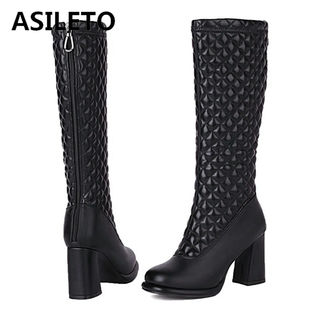 

ASILETO Sexy Women Luxury Brand Modern Knee High Boots Back Zipper Round Toe Chunky Heel Ladies Party Plus Size 33-43 S2484