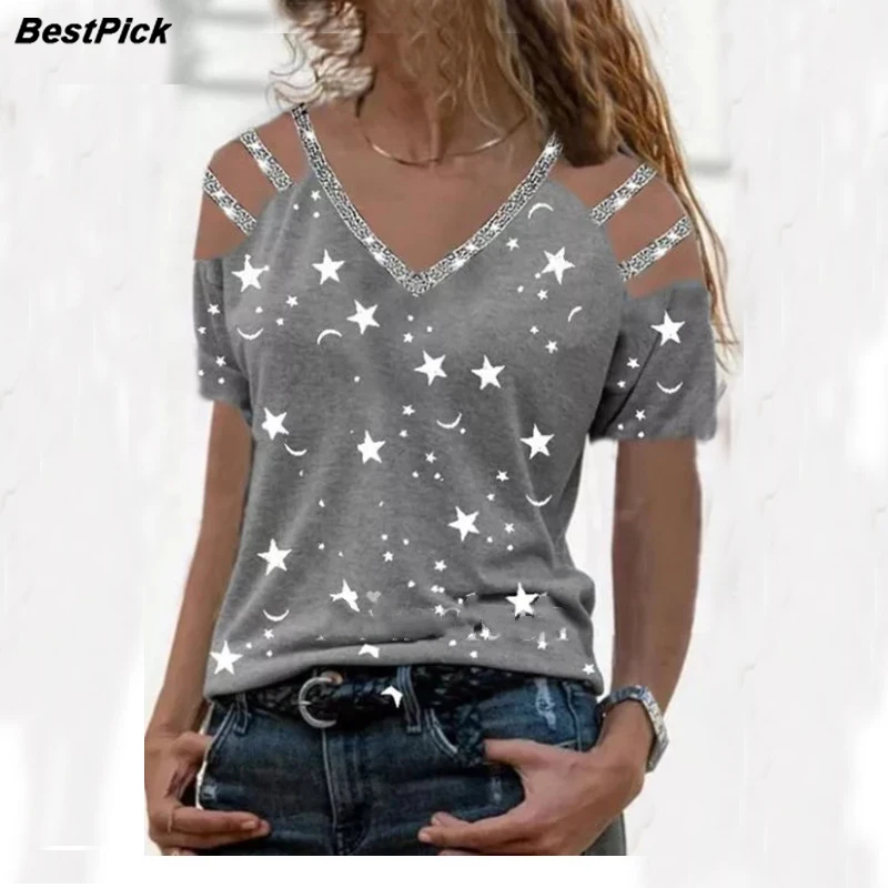 

2021 New Sexy Hollow-out Womens T Shirts V Neck Short Sleeve Casual Summer T-Shirt Elegant Star Moon Print Woman Top Tee