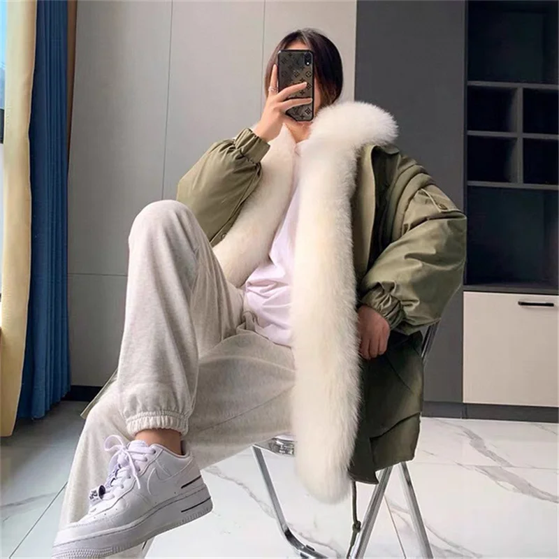 Новинка 2021 Женская парка пальто с отделкой воротника из натурального Лисьего
