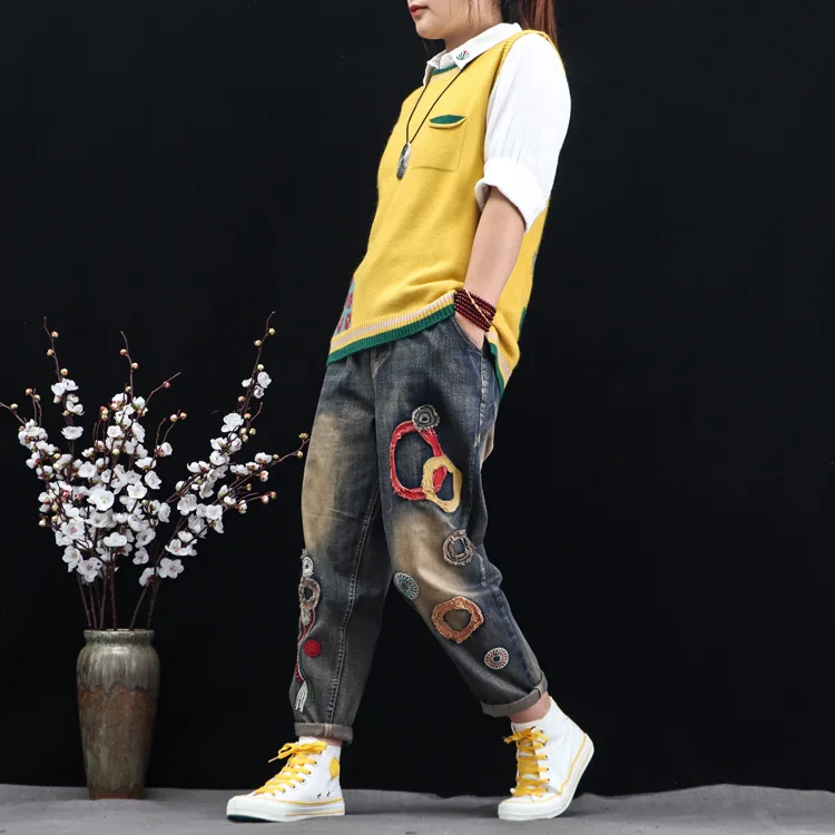 Оригинальные 2020 осенние новые ретро штаны-шаровары с вышивкой свободные женские