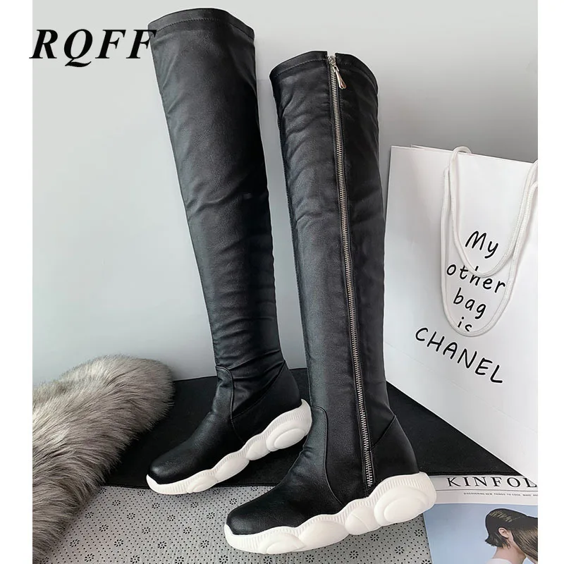 Женские сапоги выше колена на молнии черные или белые однотонные из