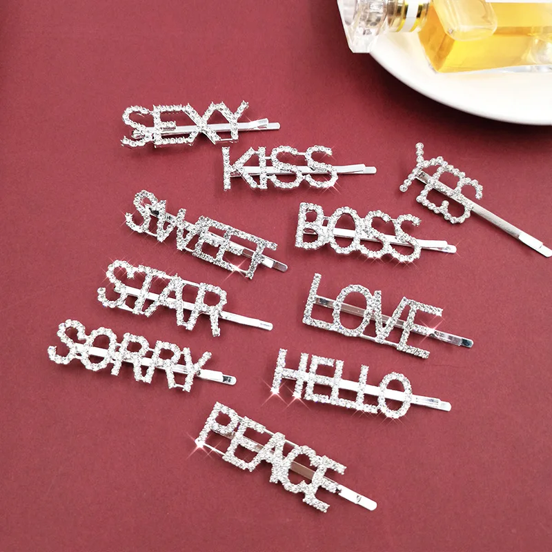 

Fashion Shining Letter Rhinestone Hair Clip Girls Snap Hair Barrette Stick Hairpin Hair Styling Accessories For Girls Sexy Women