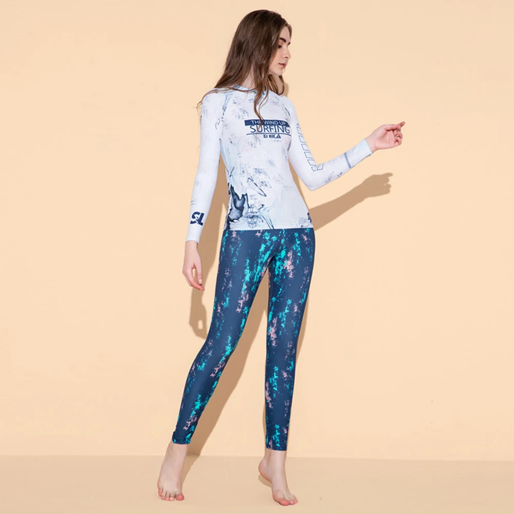 2021 New Printed Two Piece Split Swimming UPF50+ Long Sleeve Sun Protection Shirt Women Snorkeling Suit Surf Suit Top + Trousers