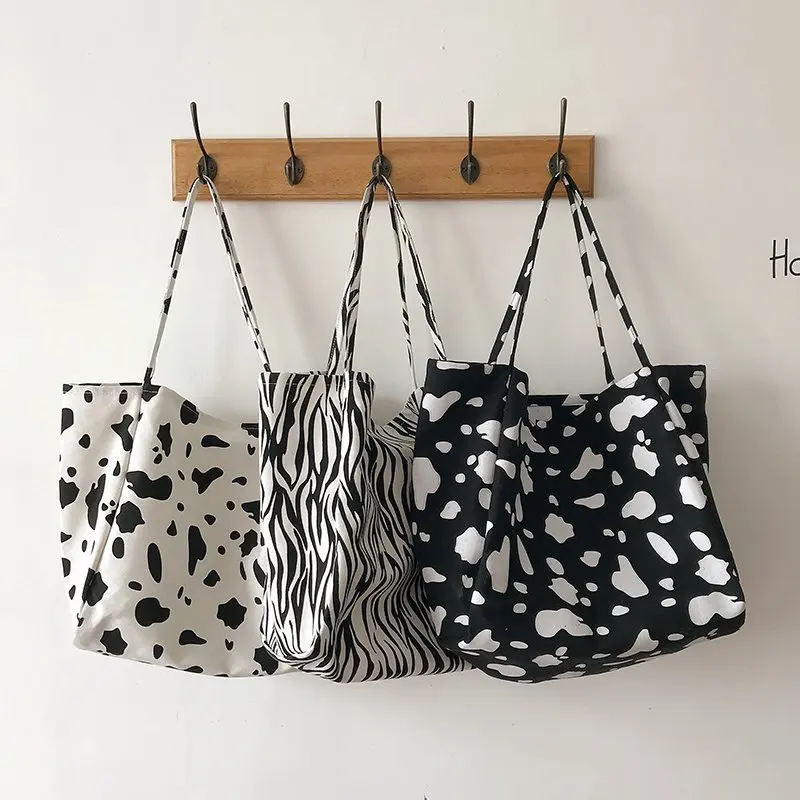 

2021 Women Canvas Shoulder Bag New Fashion Large Capacity Tote Bag Cow Zebra Pattern Korean Big Shopper Bag Female Handbag