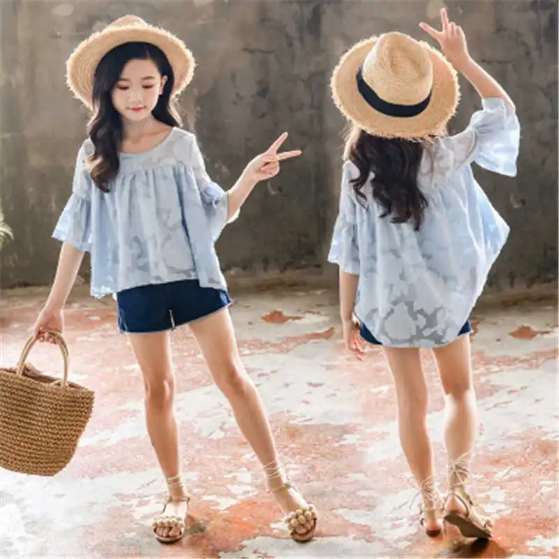 

Summer Girls Clothes Sets Chiffon Floral Flare Sleeve Tops + Denim Short Pants 2PC Teenager Kids Clothes Casual Outfits Vestidos