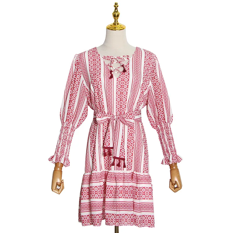 

Vogue of new fund of 2021 autumn v-neck lace-up temperament long sleeve printed lantern sleeve short dresses