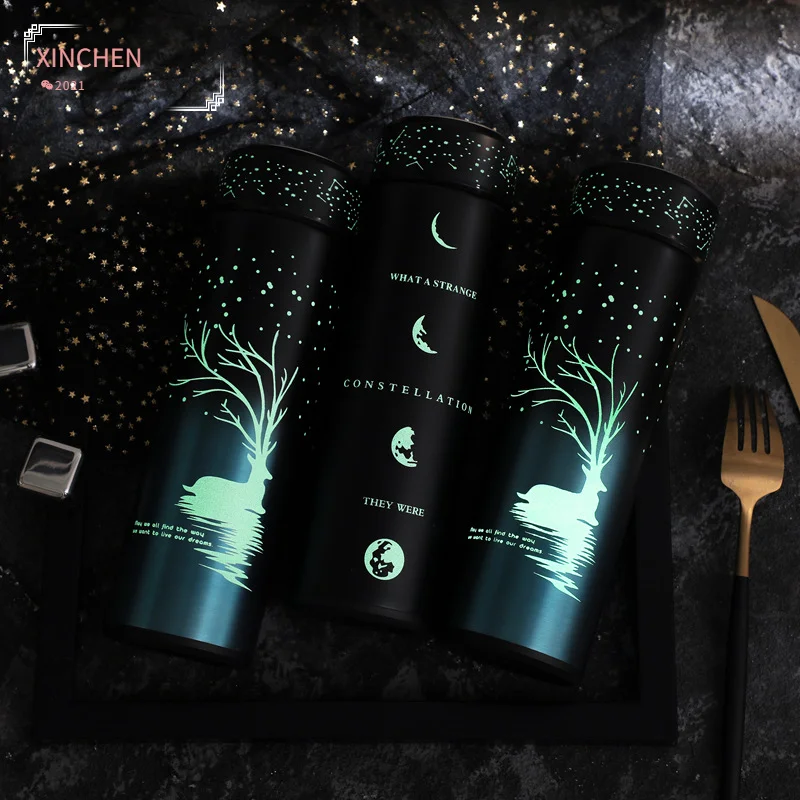 

500ml Portable Luminous Thermos Bottle 304 Stainless Steel Water Bottle Vacuum Flasks Insulated Cup Elk Stars Pattern