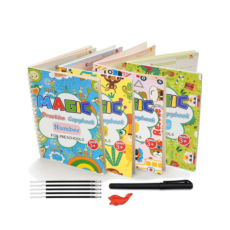 

Aset of 4 Reusable 3D Groove Magic Books, Handwriting and Correcting Children's Books,calligraphy Copybook Books,Montessori Toys