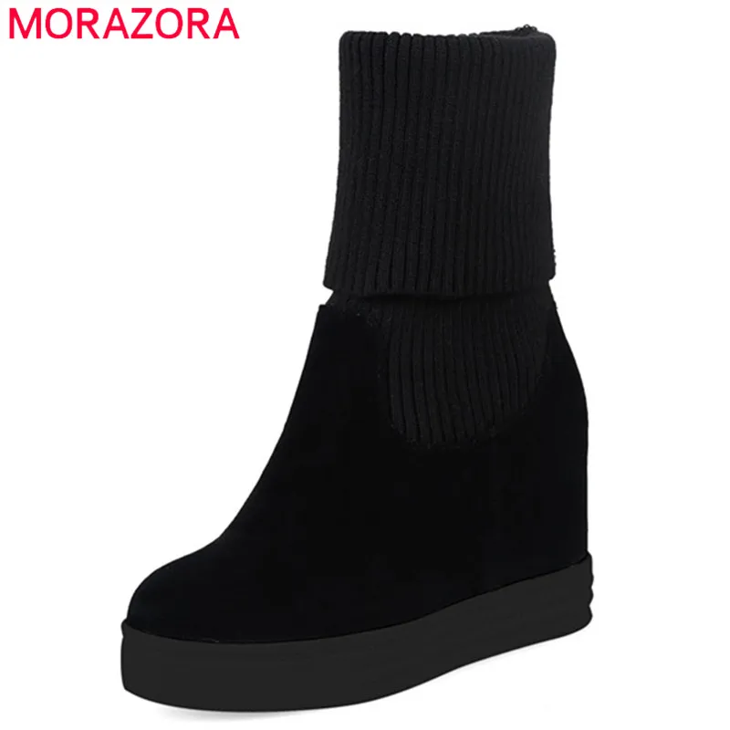 MORAZORA/ г.; Новое поступление; сапоги до середины икры; женские эластичные сапоги из флока с круглым носком; сезон осень-зима; женская обувь на платформе