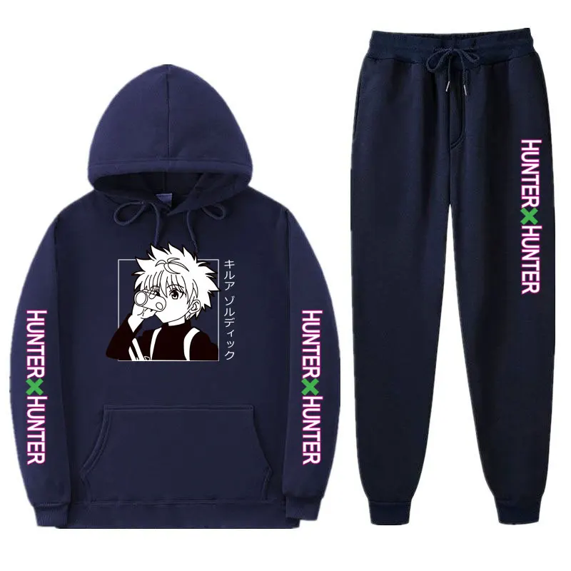 

Мужской и Женский флисовый костюм HunterXHunter из японского Аниме Толстовка + спортивные брюки повседневный комплект из двух предметов