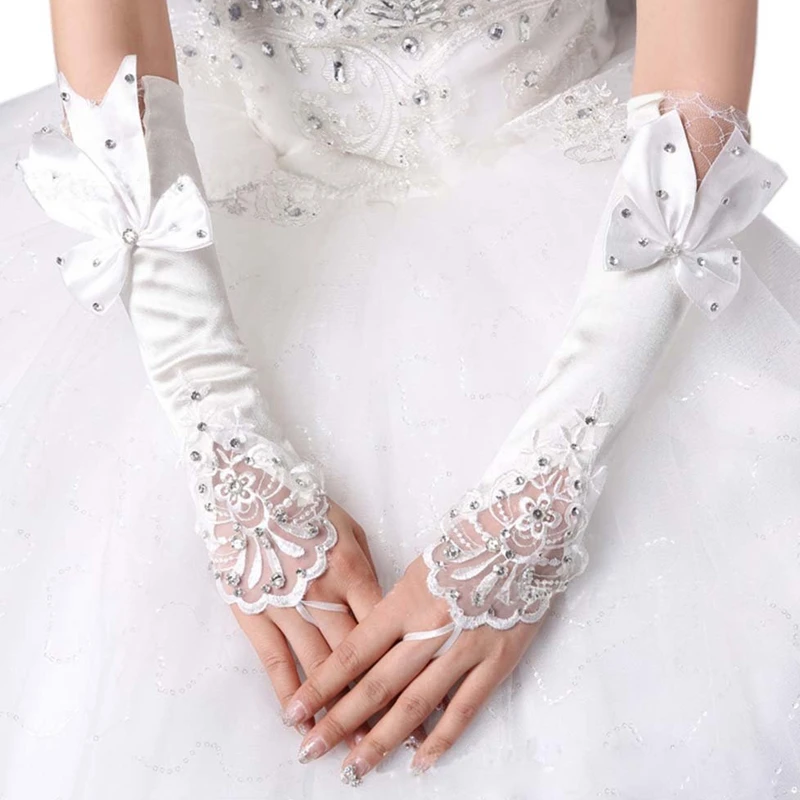 

White Finger Bowknot Pearls Bridal Gloves Bridal Formal Wedding Gloves
