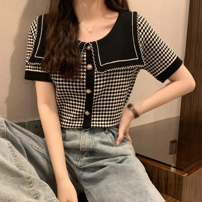 

Sailor Collar Plaid Fashion Sweet Single Breasted Knitted Thin Women Short Sleeve Cardigan Tops Summer Newest