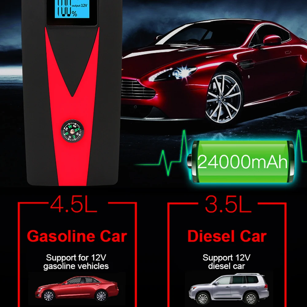 Портативный автомобильный стартер высокой мощности 24000 А мАч светодиодный