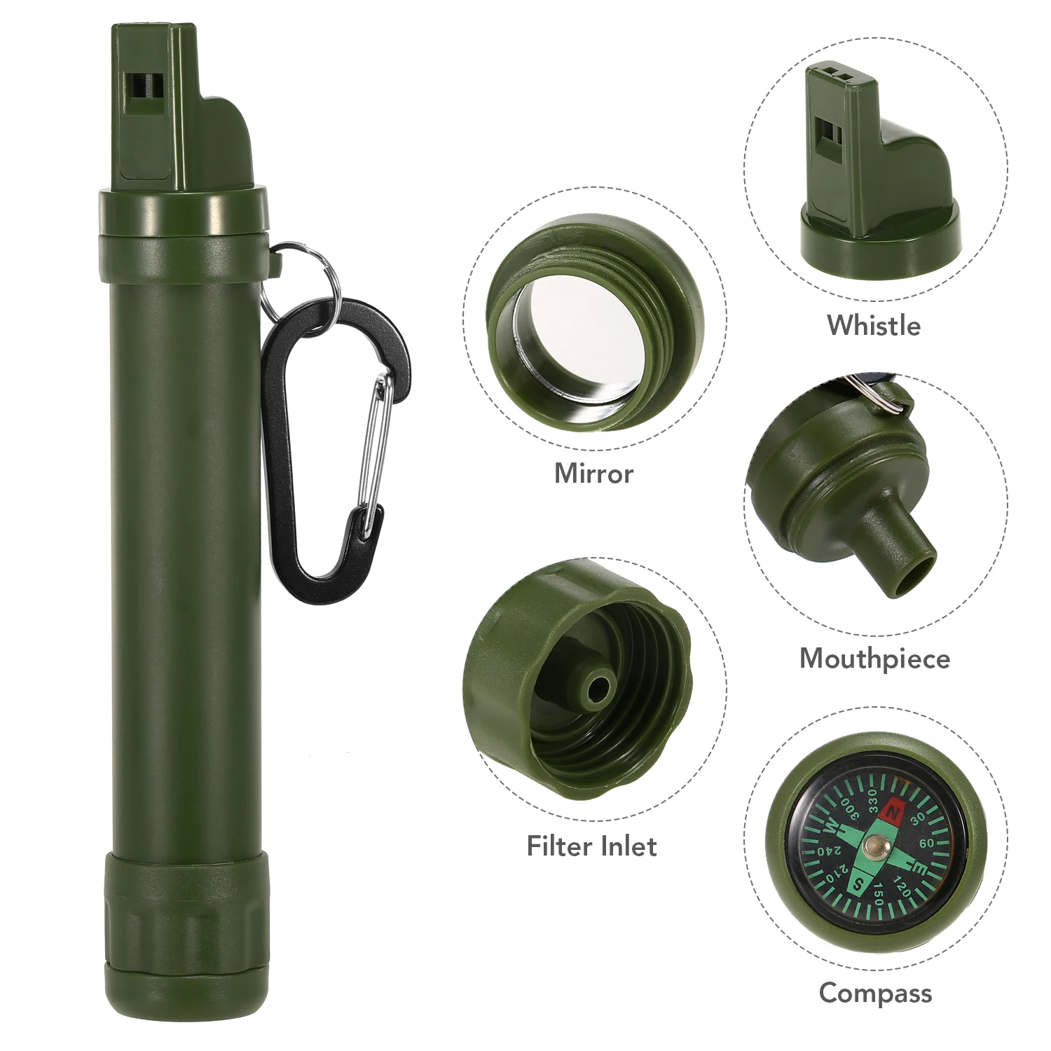Multifunctional Outdoor Water Filter Straw Filtration Purifier with Compass Whistle Signal Mirror Carabiner for Emergency | Спорт и