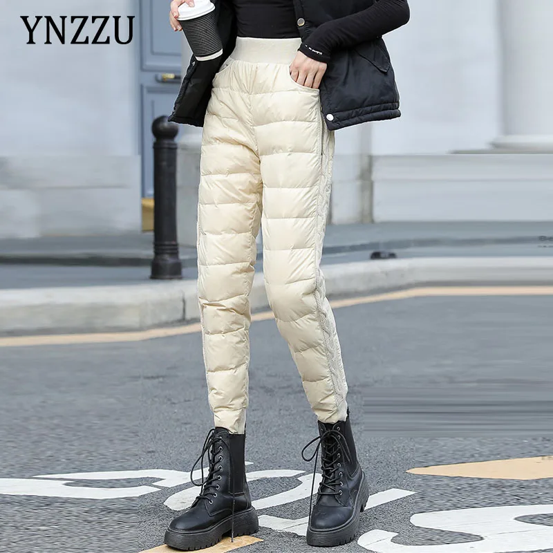 

2021 Winter Large size Women white duck down pants Solid color Fashion vintage slim High waist pencil pants Trousers YNZZU 1B017