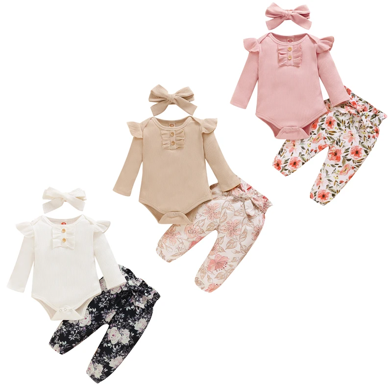 

Newborn Baby Girls Clothes Set Solid Color Long Sleeve Ribbed Romper Top+Flower Printed Long Pants+Hairband 3Pcs Outfits 3-24M