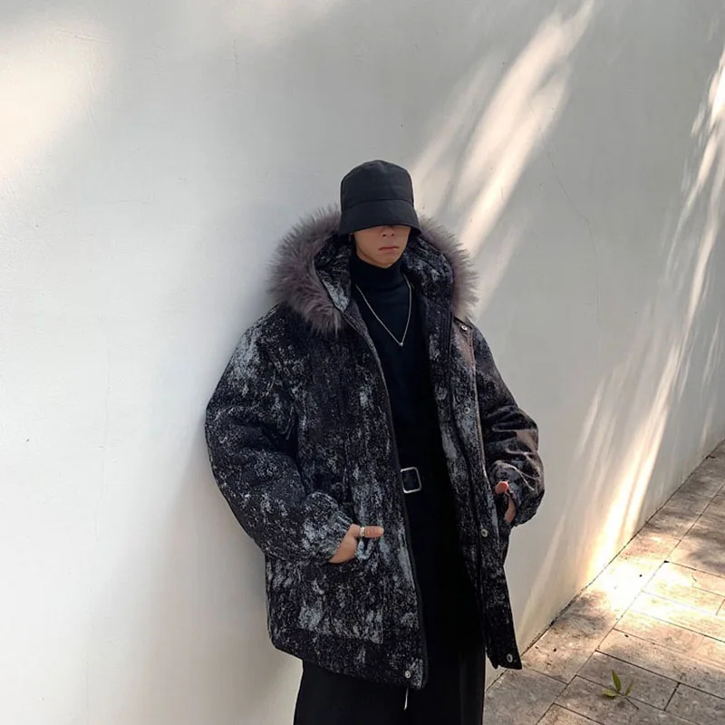Black White Print Lovers Loose Parkas With Fur Collar Women Men Fashion Street Warm Cotton Coats Hooded Jackets Winter Clothing