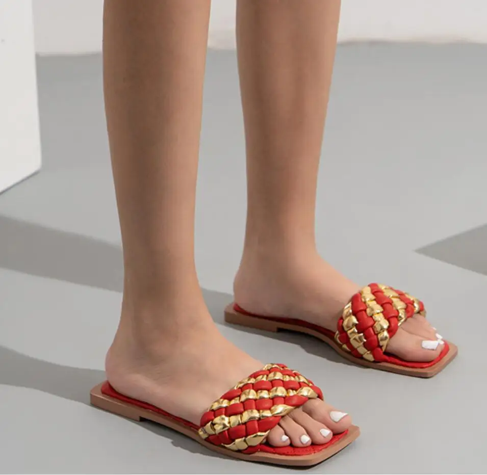 

Ladies Fashion Slippers PU Leather Weave Women Square Toe Slipper Flip Flop Women's Casual Shoes Female 2021 Summer Quality Shoe