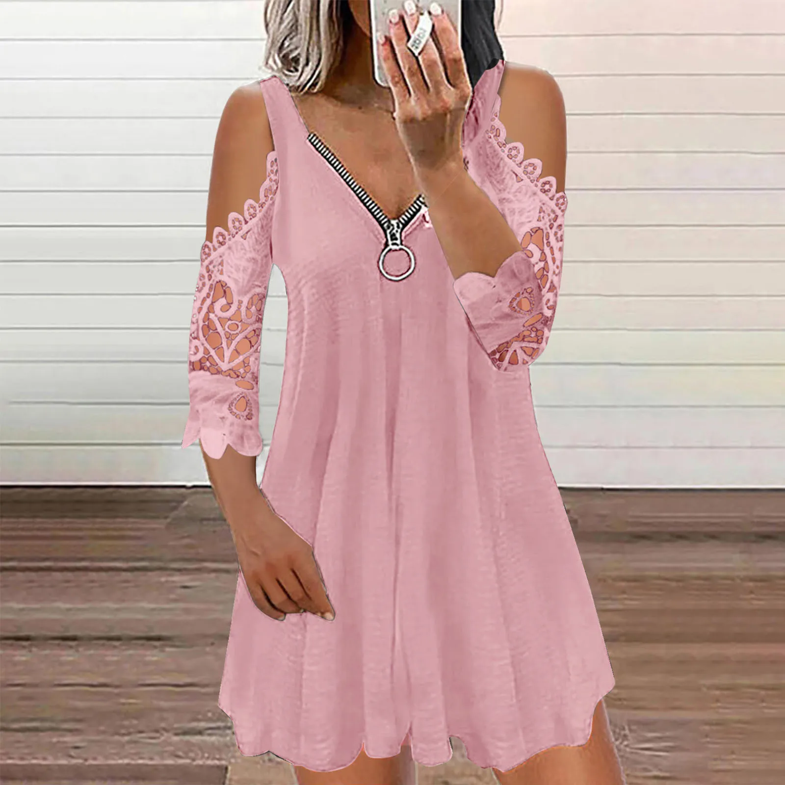 

Dresses For Women 2021 Summer Casual Lace Sleeves V-neck Solid Mid-length Dresses Loose Dress Clothes Robe Femme t