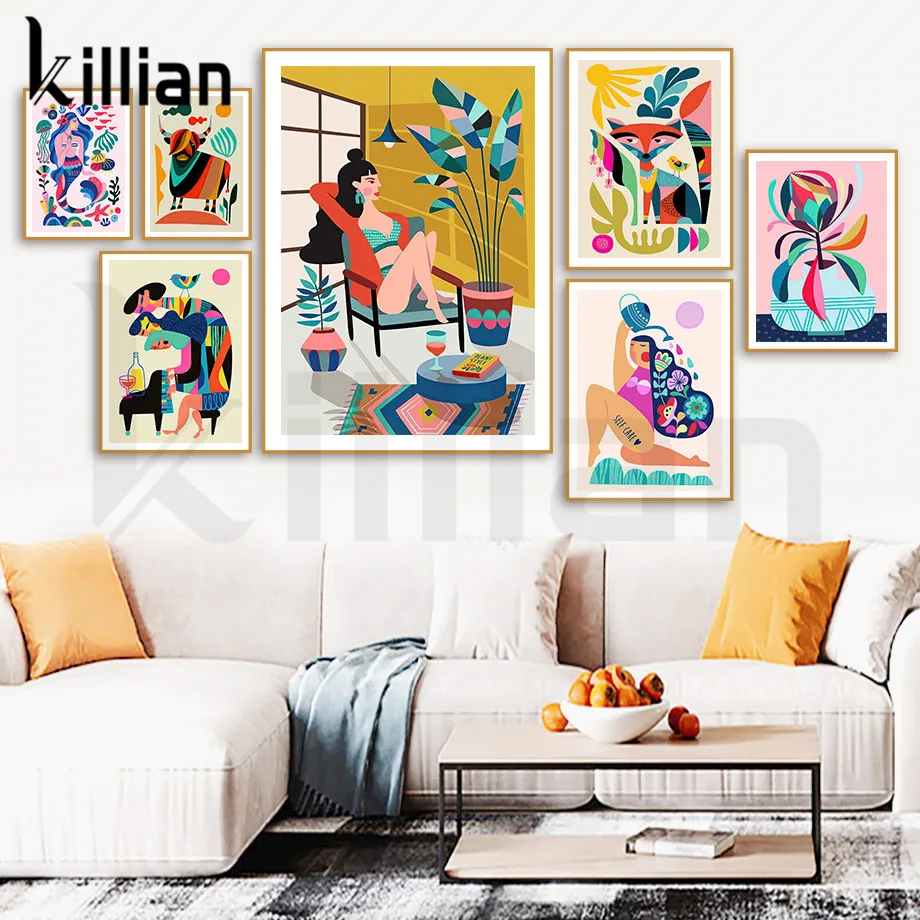

Colorful Self Care Woman Plant Flower Piano Fox Cow Canvas Painting Wall Art Modern Abstract Posters and Prints Home Decor