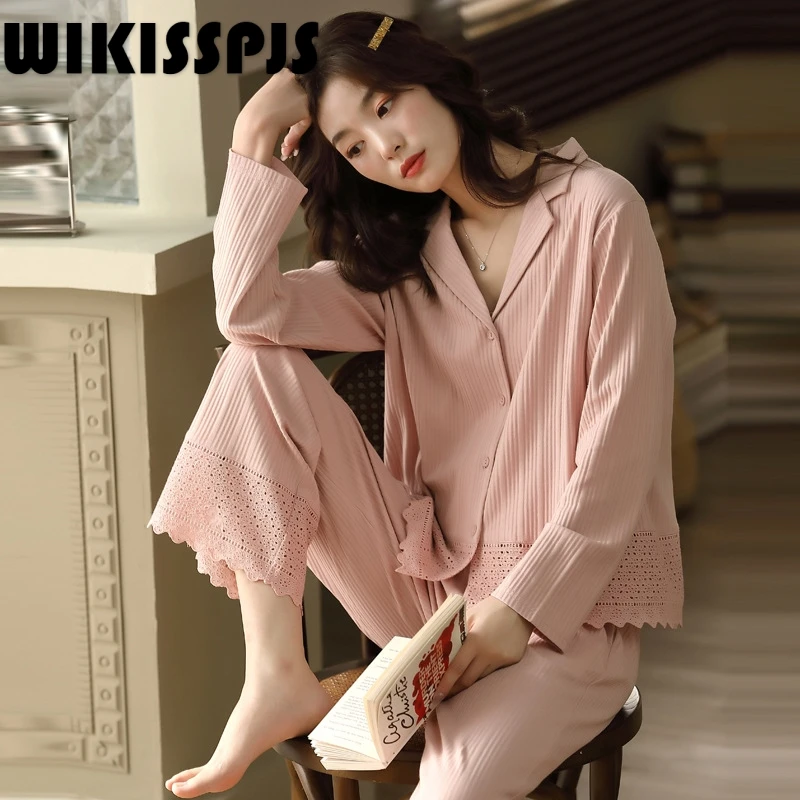 Pajamas Women's Spring and Autumn Cotton Long Sleeve Home Wear Autumn and Winter Loose Large Size Suit  Lounge Wear  Sleepwear