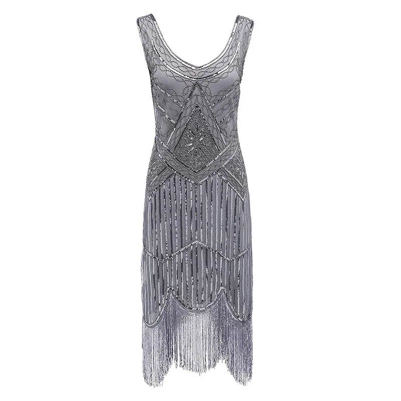 Gray Dress 1920s Гэтсби блесток бахромой Пейсли Хлопушка платье с 20s аксессуары набор xs, s, l, m, xl, xxl - Цвет: Gray Dress