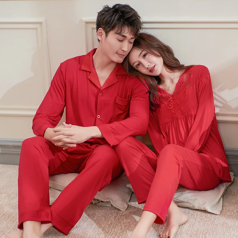 

Lovers Pajamas Wedding Festive Red Pajamas Sets Soft Modal Sleepwear Long Sleeve Top+Long Pants Pajamas Home Clothing Pyjamas
