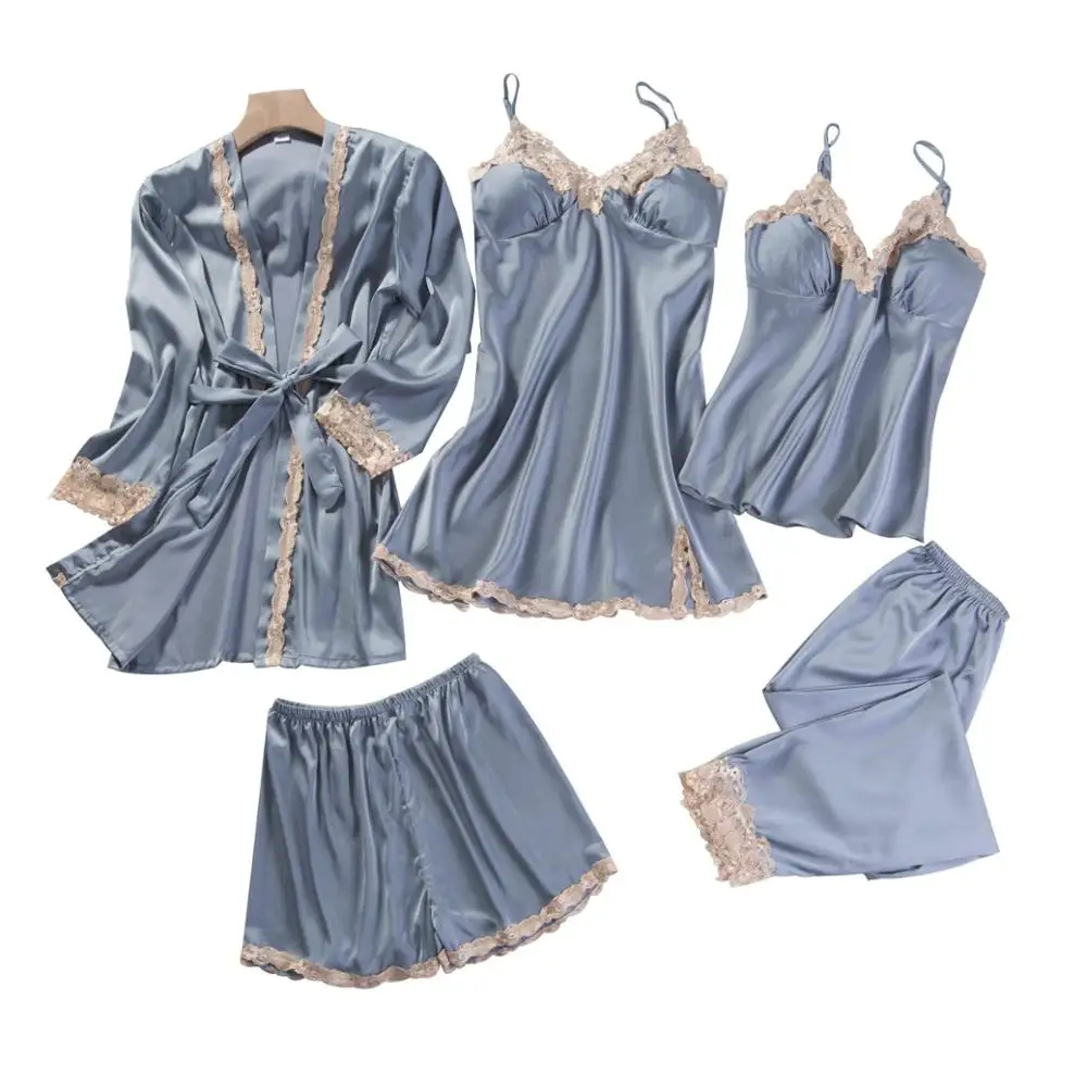 

Sleepwear Sexy Pijama Women Nightsuit Satin Pyjamas Sets 2020 Summer Women Silk Pajamas Female Sleep Lounge 5 Pcs Nightwear