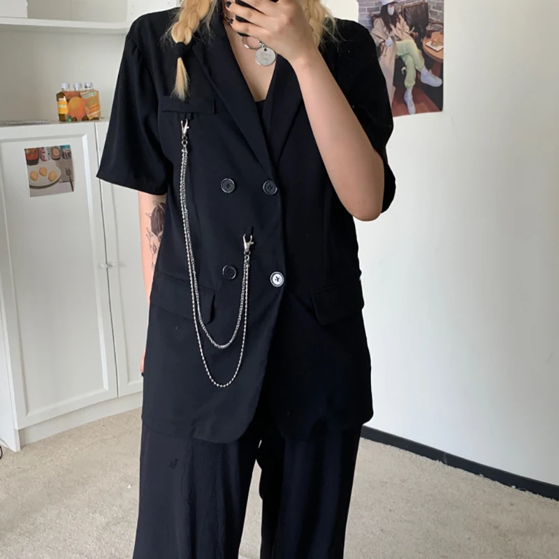

SHENGPALAE Temperament Apricot Blazer Women's Summer 2021 New Notched Large Size Double Breasted Chain Short Sleeve Suit Coat