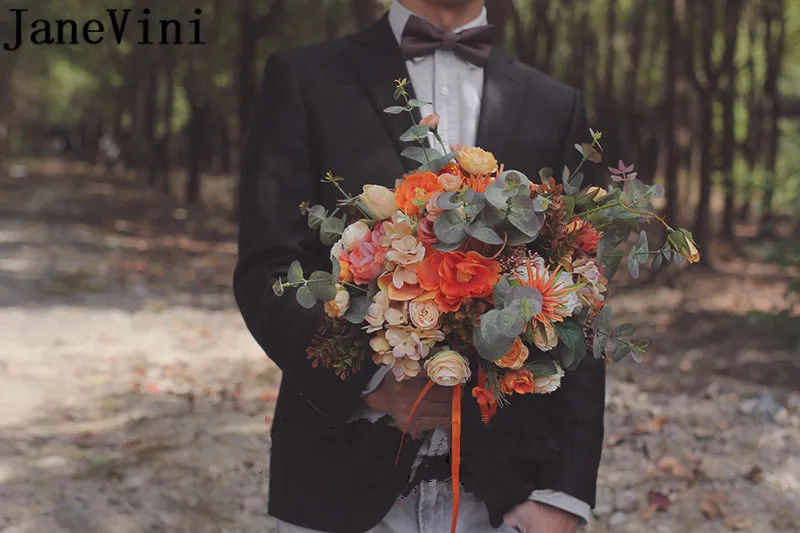 JaneVini 2019 Orange Wedding Flowers Bridal Bouquets Artificial Rose Articielle Bridesmaid Flower Bouquet Peony Da Sposa | Свадьбы и