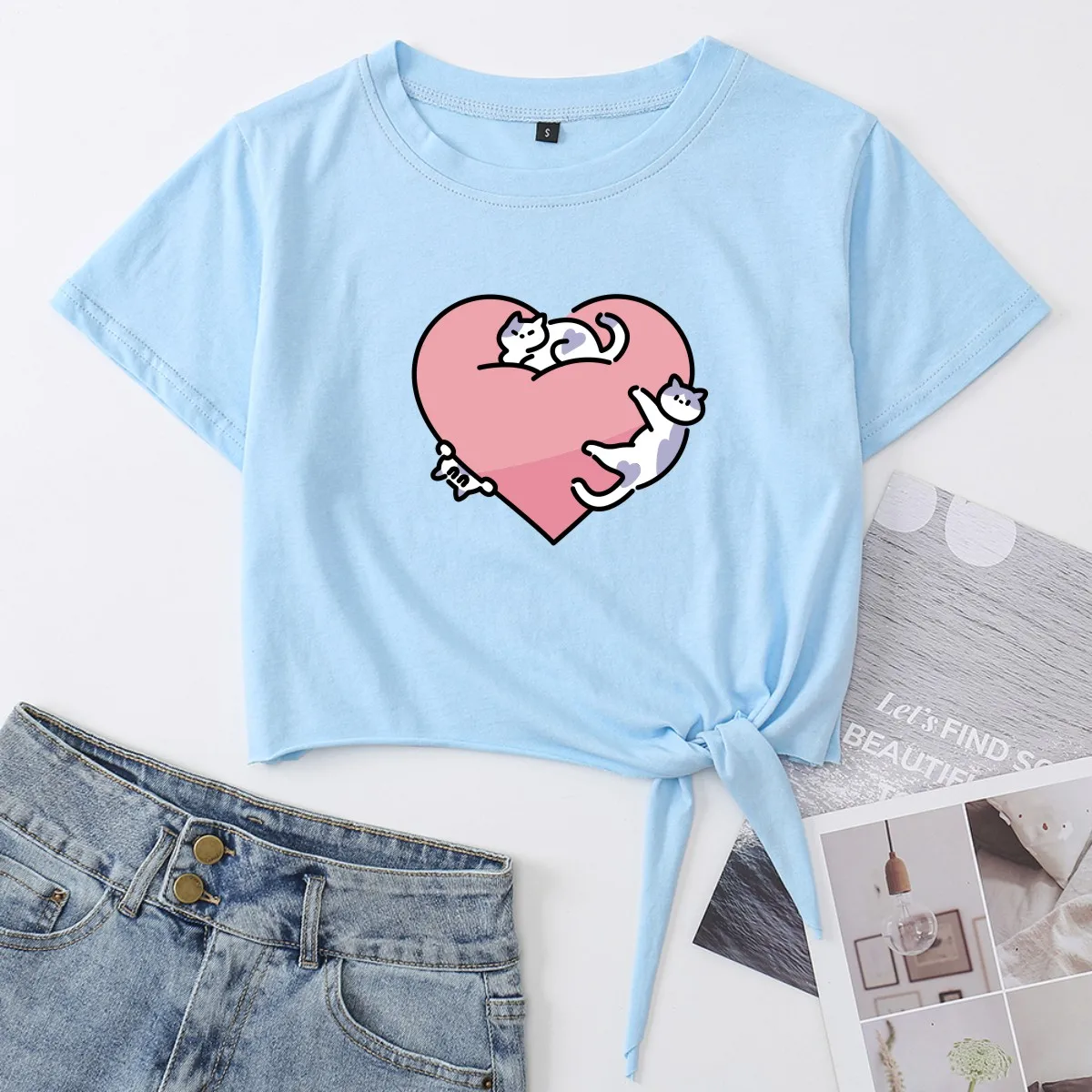 

Cute Cats Heart Animal Pet Crop Top Women's Summer Short-sleeve Print Cotton T-shirt Cropped Tops Graphic Tee with Front Knot