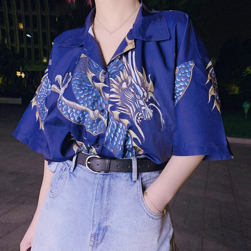 

Women 2021 Summer Spring Blouses BF style oversized shirts Harajuku Tops Dragon Printing Short Sleeve Shirts Female Streetwear