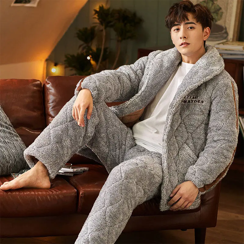 Толстая Коралловая флисовая Пижама комплект из 2 предметов для мужчин зимняя