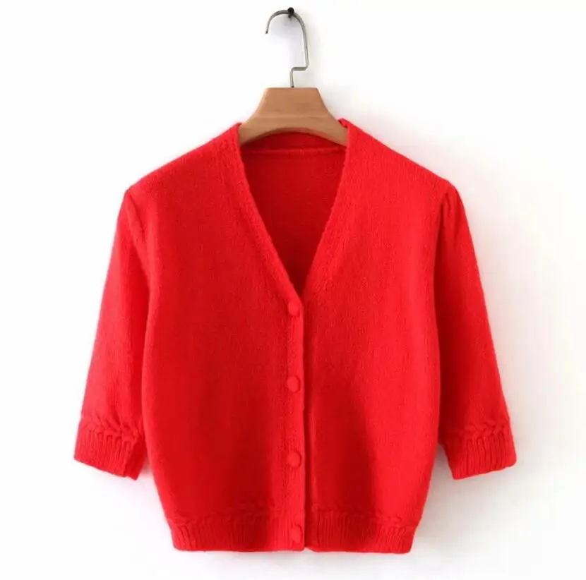 Женский трикотажный кардиган с пуговицами красный свитер пупком и коротким