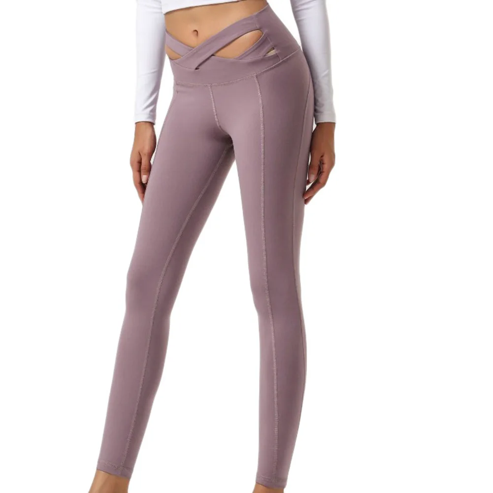 

JS Women Cross Waistband Yoga Pants Flat-lock Stitching Sports Leggings High Elastic Waist Cross Design