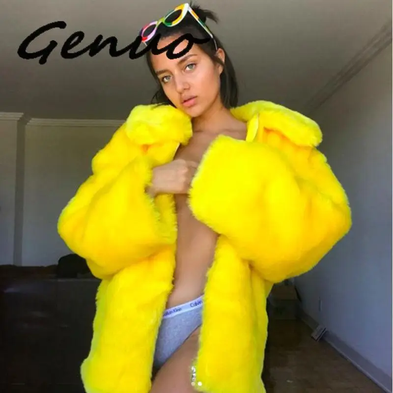 Женское зимнее теплое пальто из искусственного меха винтажная желтая Меховая