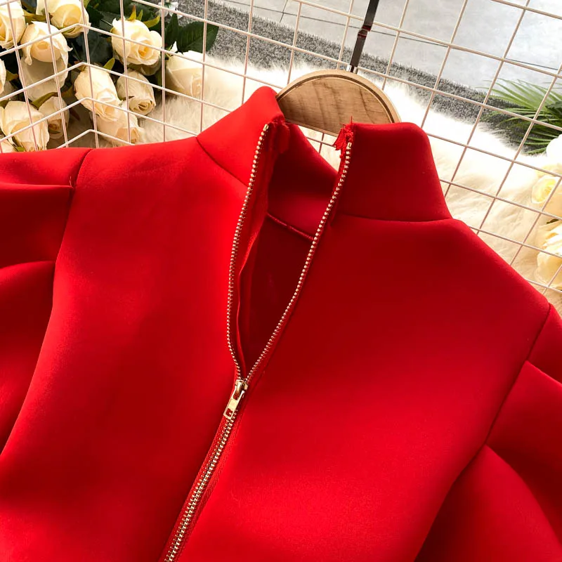 

Turtleneck Slim A-Line Elegant New Year Woman Red Dress 2020 Autumn Winter Puff Long Sleeve Dresses For Women Party