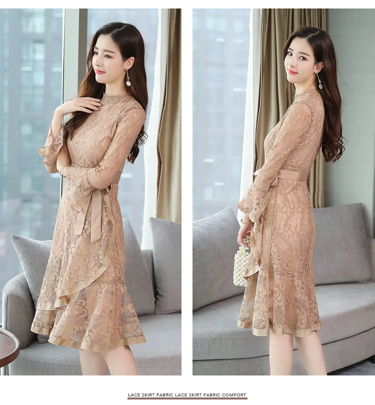 

2020 Spring and Autumn Korean Slim Lace Sleeve Fishtail Dress Was Skinny, Hip Tie Base
