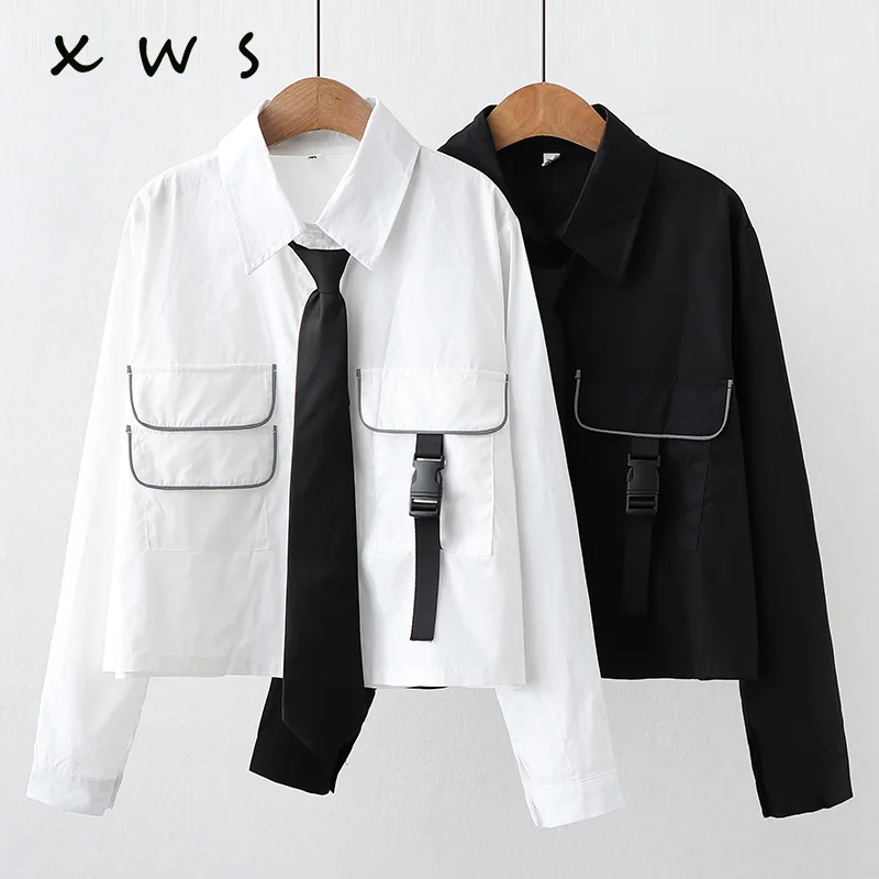 

2020 Harajuku Woman Appliques Shirt Korean Turn-Down Collar Long Sleeve Loose Necktie Button Female Blouse School Girl Blous